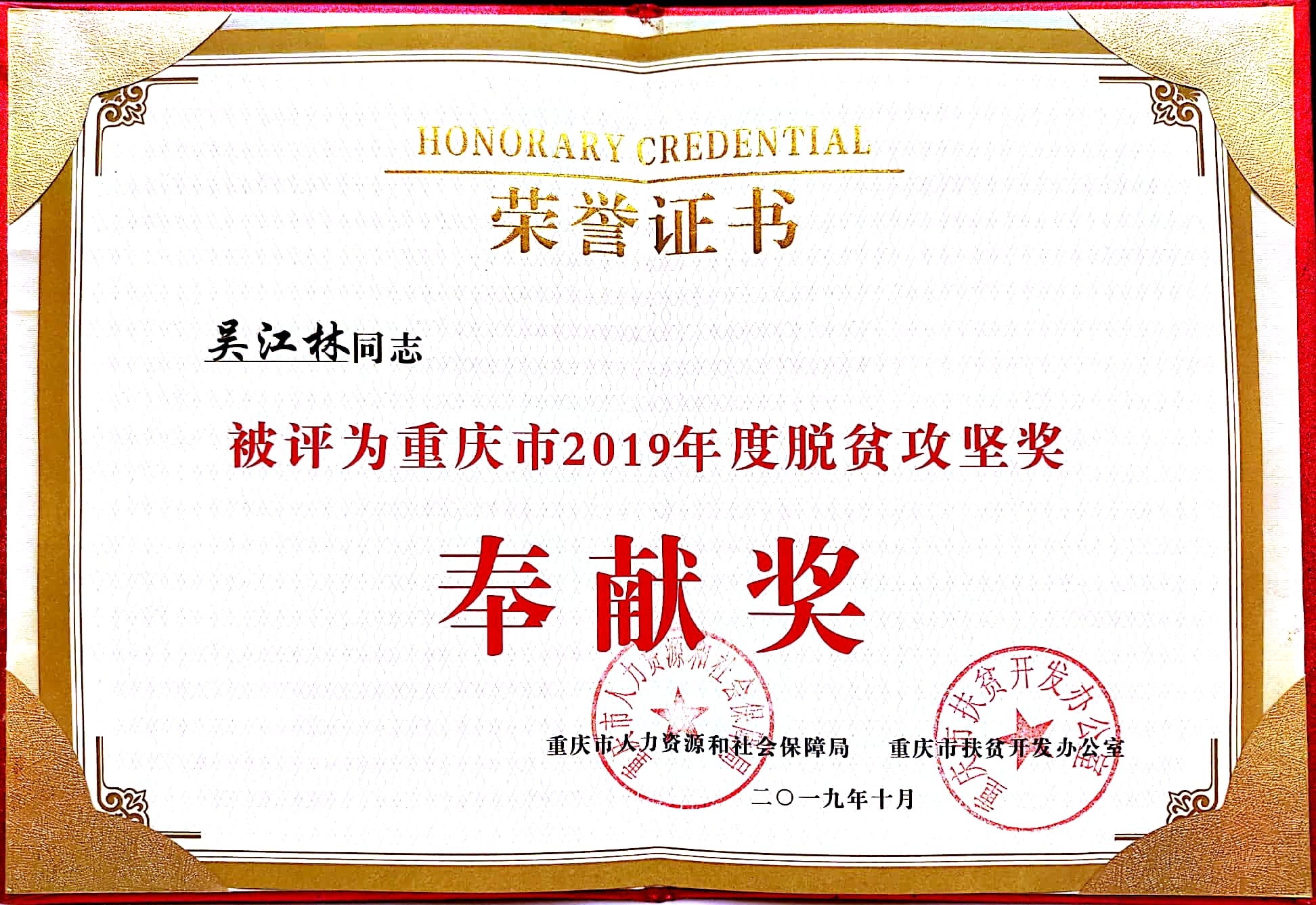 重慶市2019年度脫貧攻堅獎-奉獻(xiàn)獎
